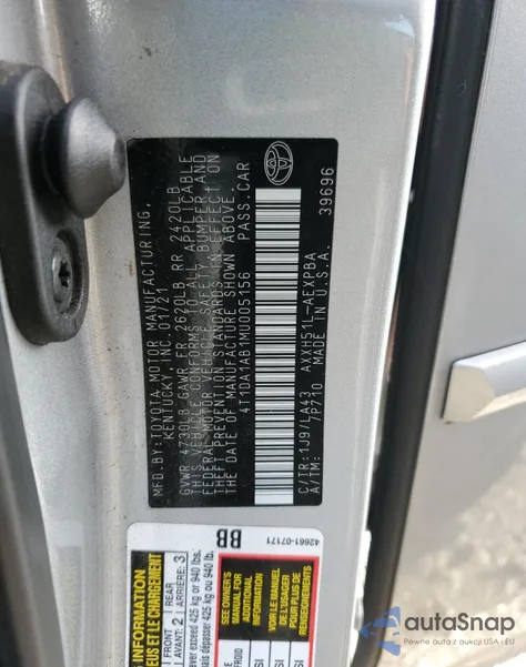 2021 Toyota Avalon Limited из США, поврежденный, VIN 4T1DA1AB1MU005156